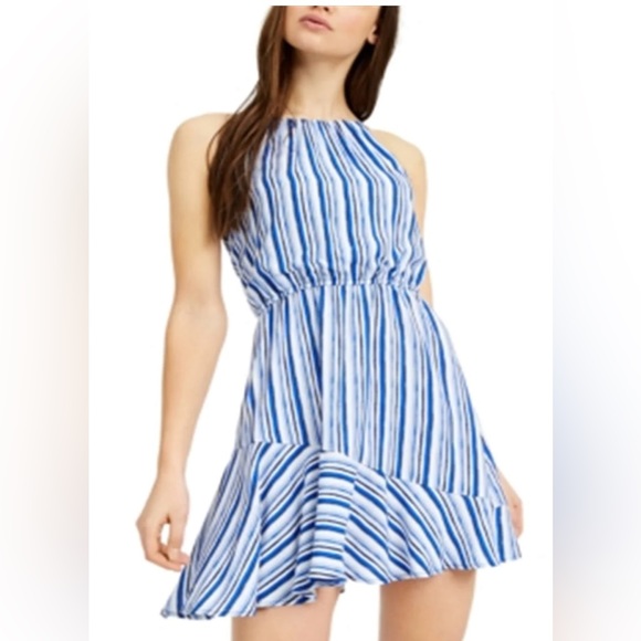 NWT Sequin Hearts, Blue & White Striped Ruffle Fit & Flare Dress Size Small - Picture 2 of 9